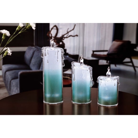 Set of 3 White and Green Glitter LED Lighted Candle 9.5"