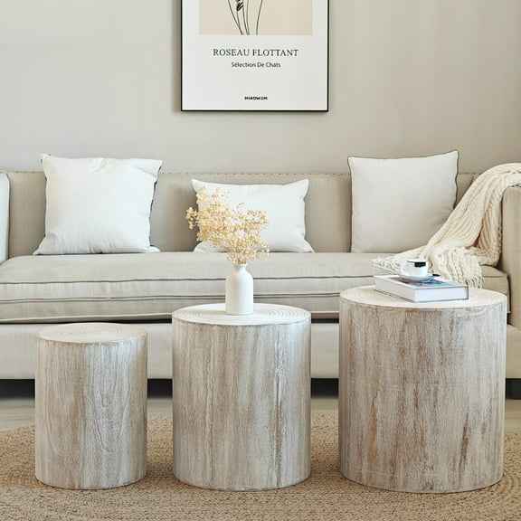 Set of 3 Whitewash Wood Coffee Tables with Visible Tree Rings - Modern Farmhouse Living Room Set