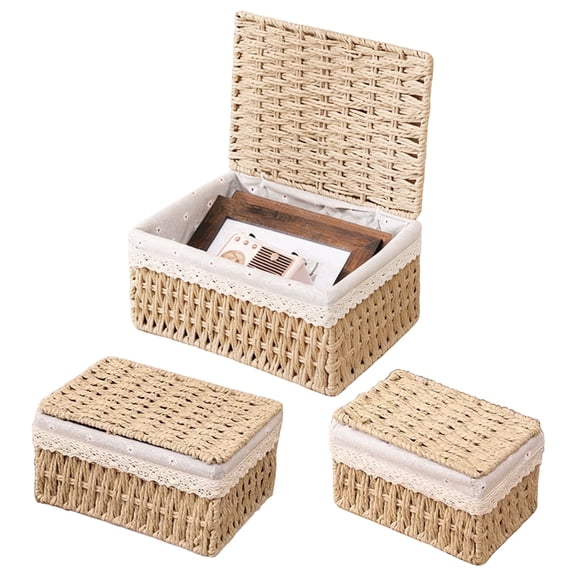 Wicker Storage Basket Set of 3 with Lids and Liners, Wicker Baskets for Storage on Shelves, Natural Woven Organizer Bins for Home Office