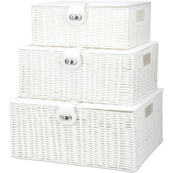Set of 3 Wicker Storage Baskets with Lock & Handle Nesting Boxes with Lids, Decorative Organizer