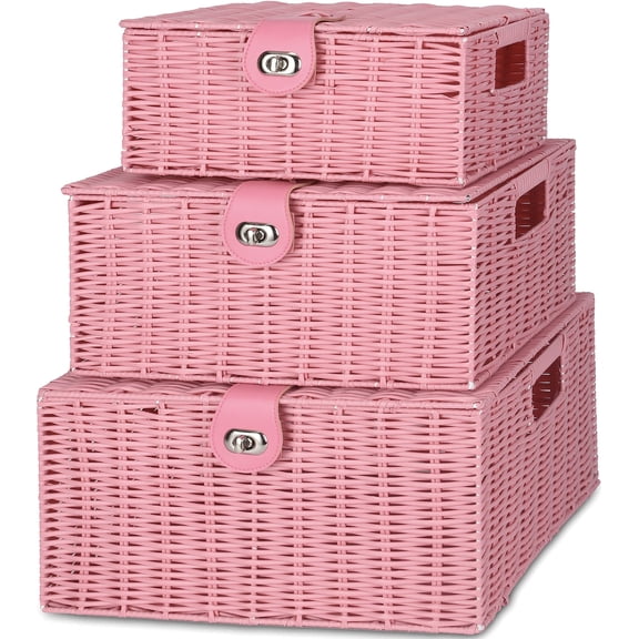 Set of 3 Wicker Storage Baskets with Lock & Handle Nesting Boxes with Lids, Decorative Organizer