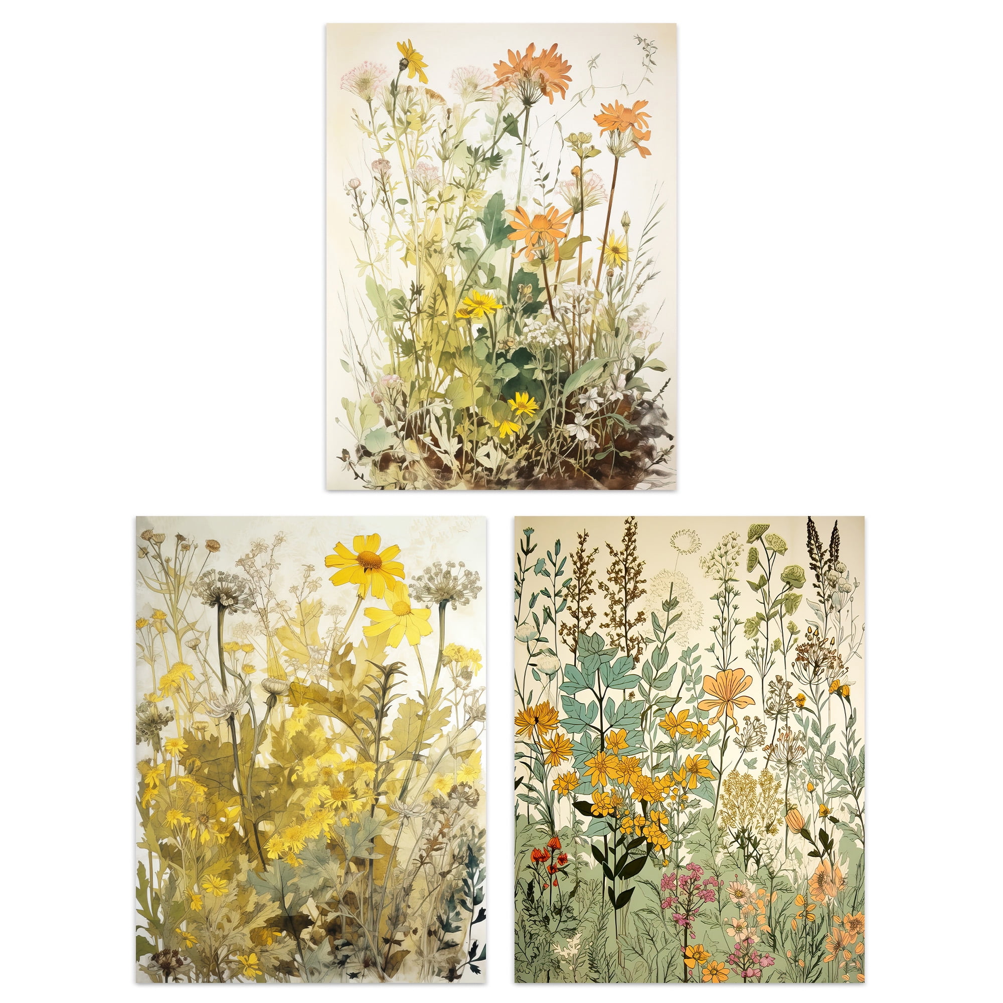 Set of 3 Wildflowers Vintage Pastel Colour Floral Artworks Yellow Pink ...