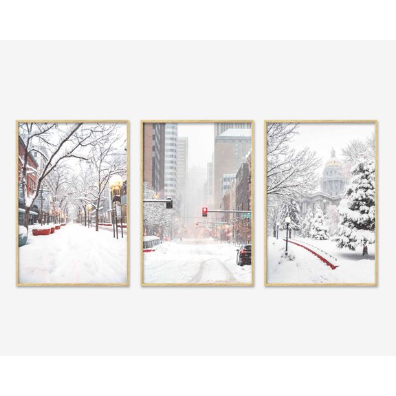 Set of 3 Winter Prints Snowy City Snow in the City Holiday Mood Posters Landscape Winter Scene Prints Winter Decor Urban Poster P30036, Poster Only