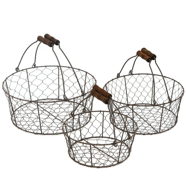 Set of 3 Wire Basket with Wooden Handles Vintage Style By Blue