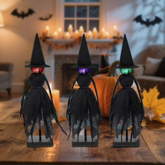Set of 3 Witch Figurines – LED Halloween Decorations for Mantel Shelf or Tabletop Display
