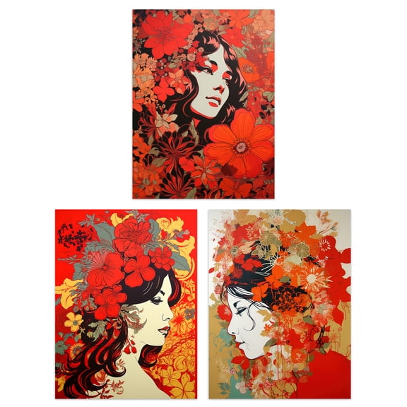 Set of 3 Women Faces with Red Flowers Floral Artworks Boho Portraits Unframed Wall Art Living Room Poster Prints Pack