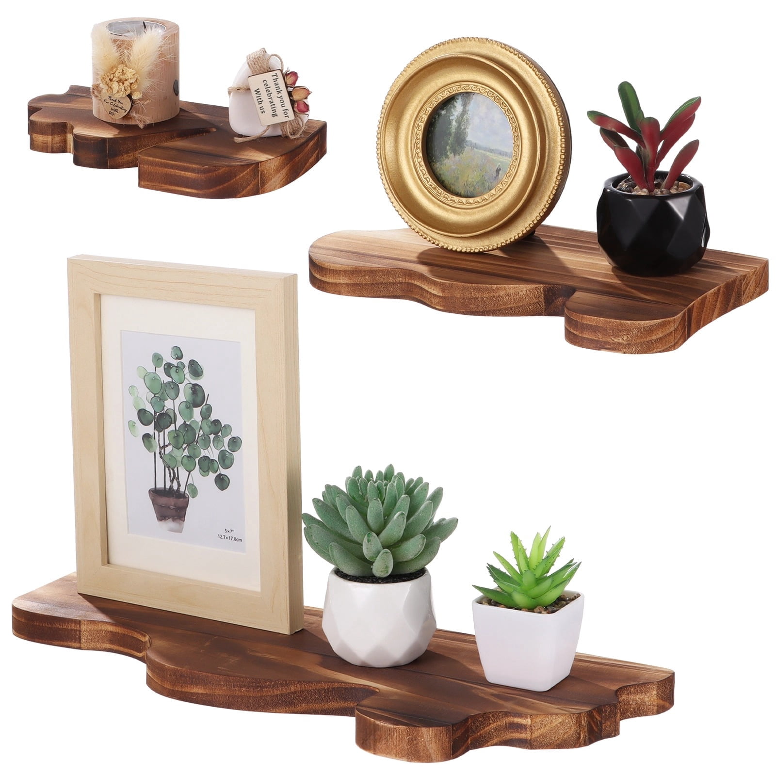 Set of 3 Wood Floating Shelves, Rustic Farmhouse Vintage Wall Shelf Display Decor for Living Room, Bathroom, Bedroom, Brown