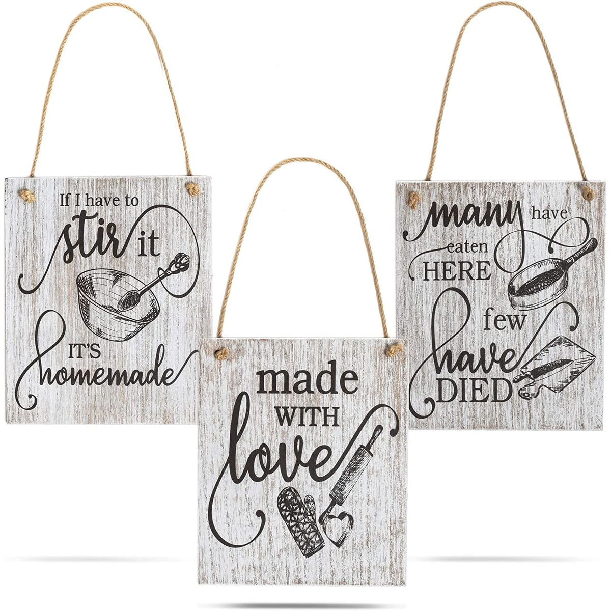 Set of 3 Wood Kitchen Hanging Art Plaque Wall Decor Signs, 3 Designs, White 7.8"x9.36"