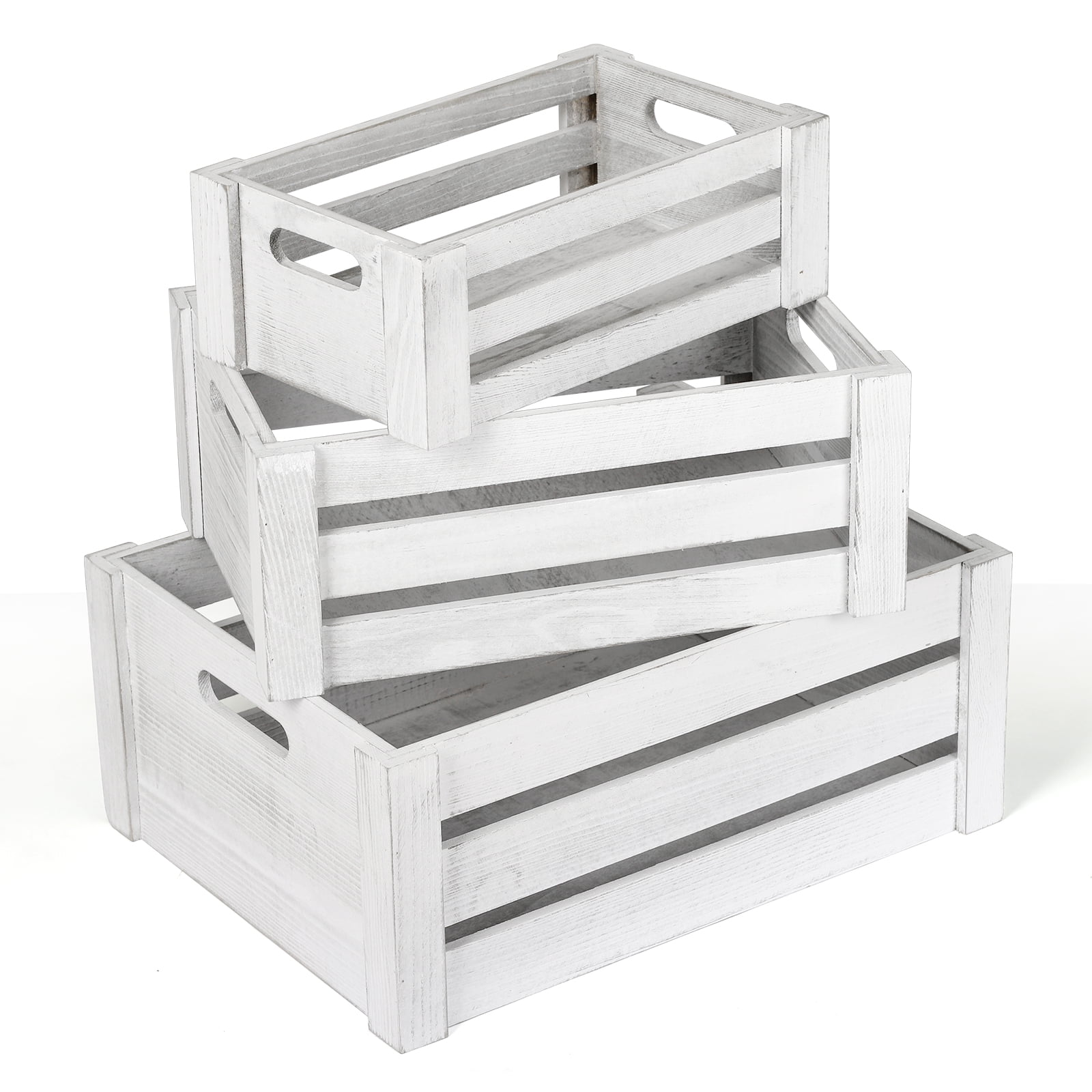 Set of 3 Wood Storage Containers Display Risers Distressed Light Grey ...