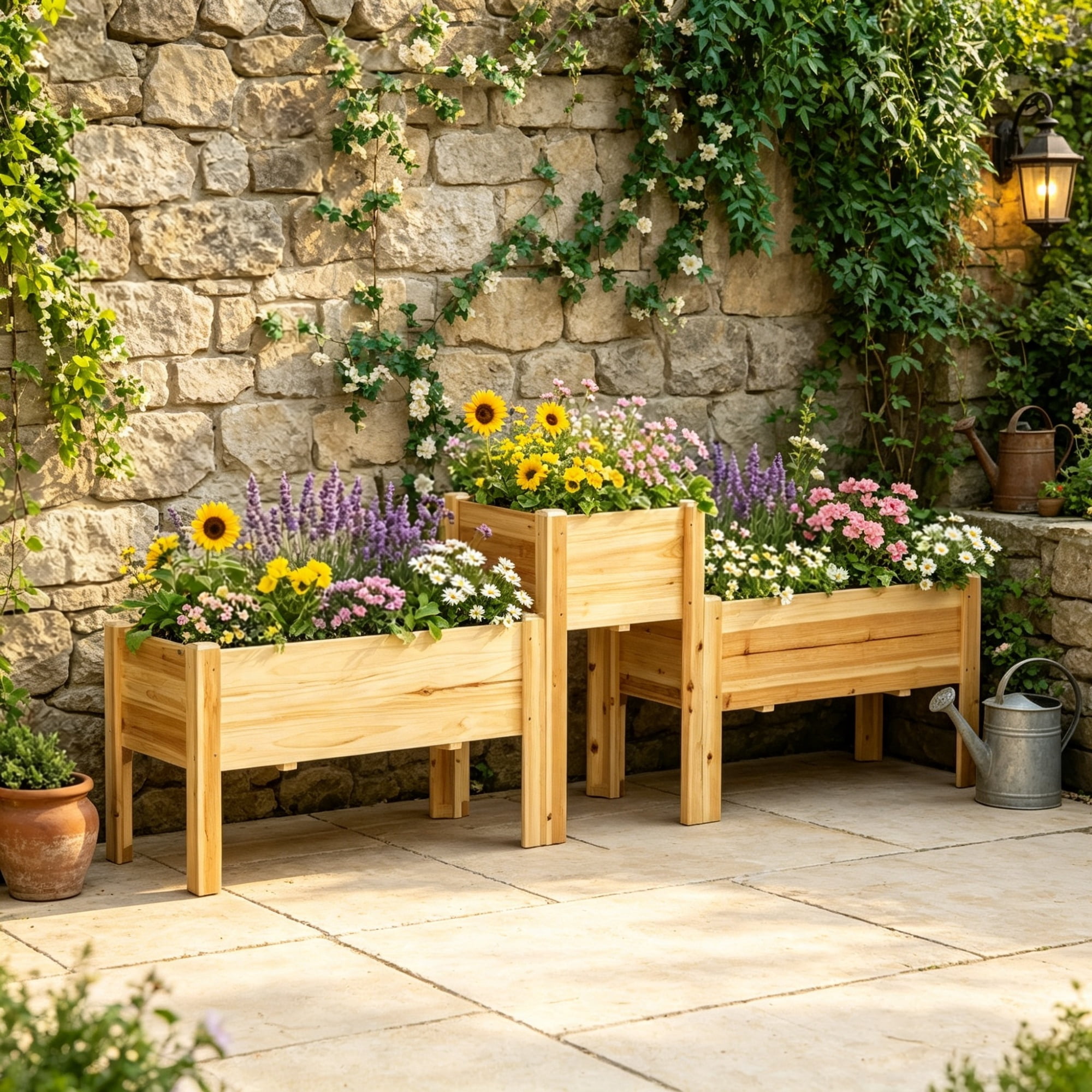 Set of 3 Wooden Elevated Planter Boxes with Legs & Liner for Vegetables, Herbs & Flowers
