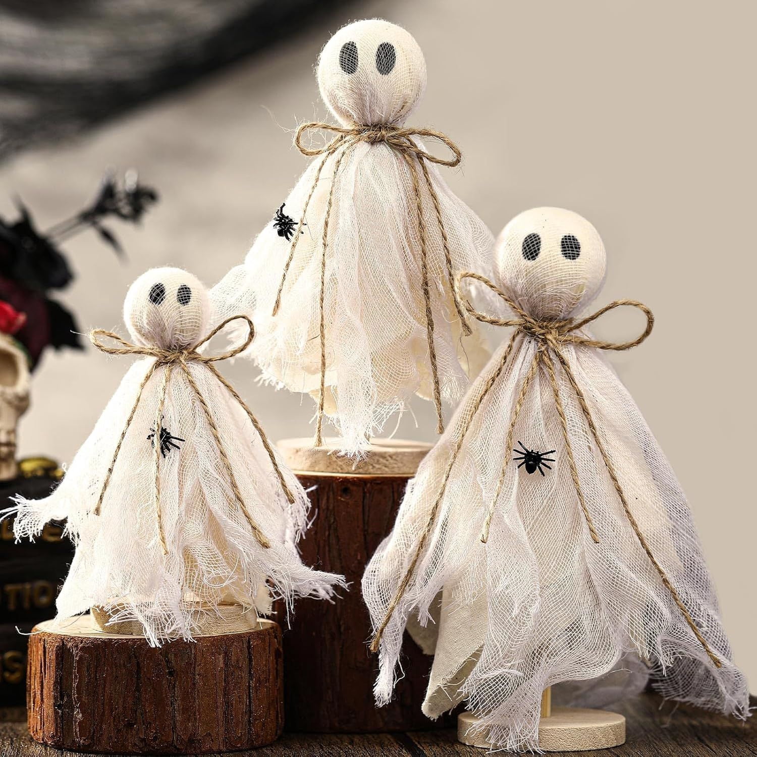 Set of 3 Wooden Primitive Ghost Shelf Sitters for Halloween Tiered Tray Decor