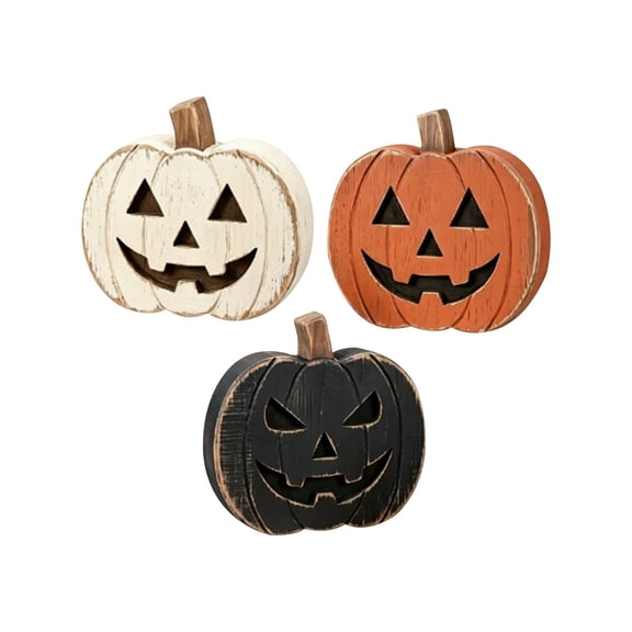 Set of 3 Wooden Pumpkin Ornaments,Rustic Halloween Tabletop Decor with Carved Expressions,Natural Wood Statues for Shelf Mantel Indoor Display