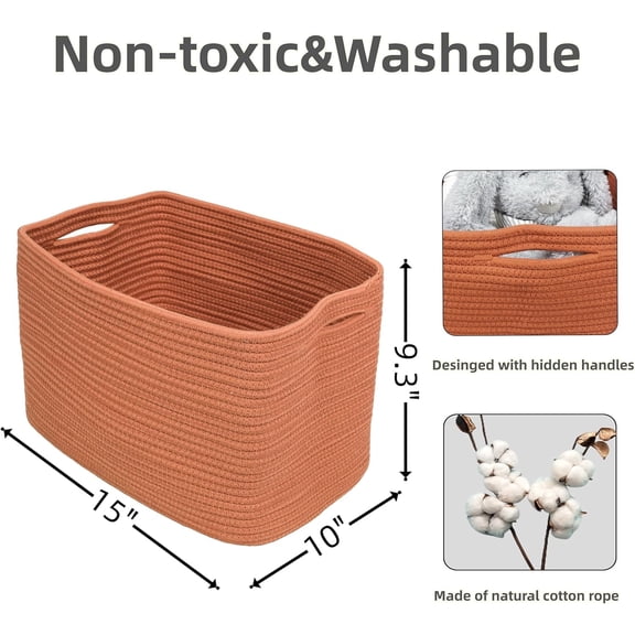 Set of 3 Woven Cotton Rope Storage Baskets, Rectangular Decorative Organizer Bins, Rust Color