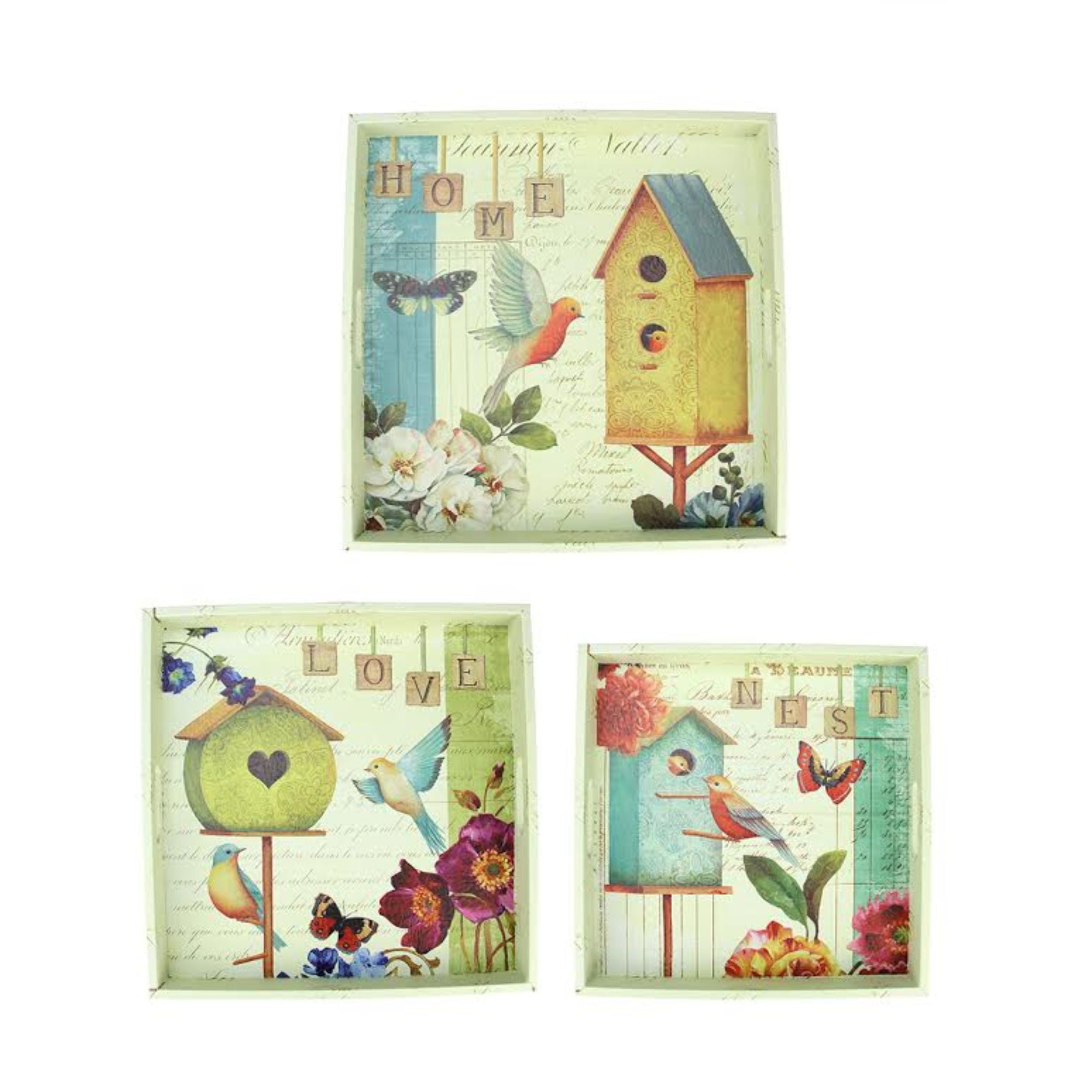 Set of 3 Colorful Garden Birdhouse Square Serving Trays