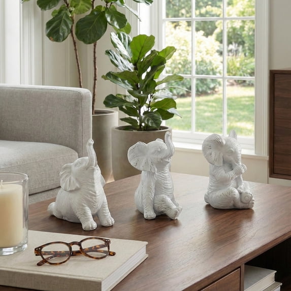 Contemporary Resin Elephant Objects for Home Accent - Ornaments for Bathroom, Office, Room and Living Room Display - Sculptureal Figurine for Shelf or Coffee Table Decor - Set of 3, 6", 6", 5", White
