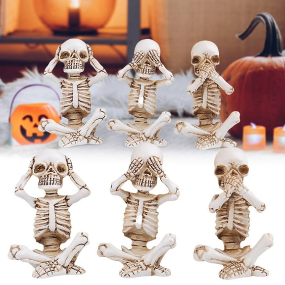 Set of 3 Yoga Skeleton Statues - Hear No/See No/Speak No Skull Figurines for Halloween, Gothic & Meditation-Themed Home Decor