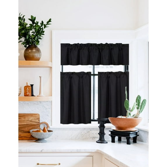 Set of 3 pieces Kitchen Curtain Blackout K4 Black color Rod Pocket Bathroom Short Window Include Two (2) Tier Panels Linen + One (1) Matching Valance