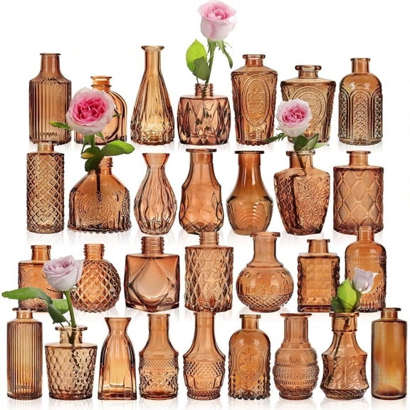 Set of 30 Amber Glass Bud Vase in BulkSmall Vintage Bud Vase for Centerpieces Rustic Wedding Decorations Home Table Flower Decor