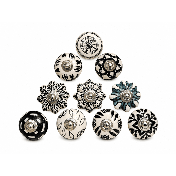 Set of 30 Assorted Vintage Black and White Hand Painted Ceramic Pumpkin and Round Knobs Cabinet Drawer Handles Pulls (30)