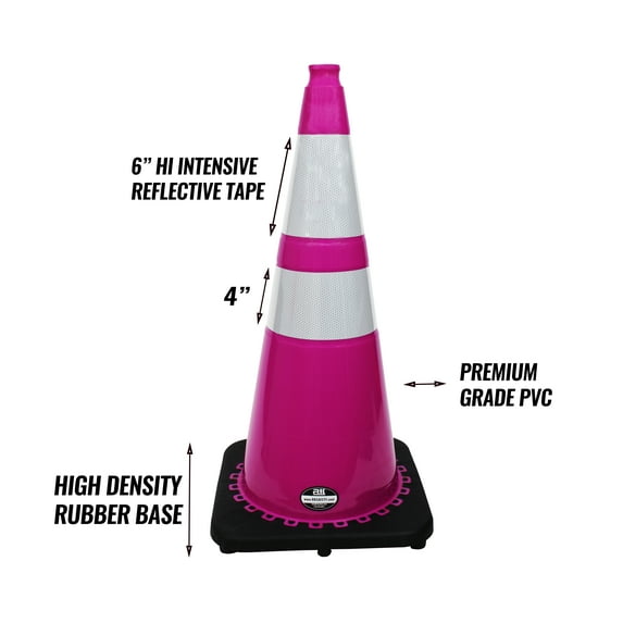 (Set of 32)28" RK Pink Safety Traffic PVC Cones, Black Base with Two Reflective Collar