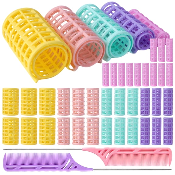 Set of 38, 5 Sizes Plastic Self Grip Hair Roller, No Heat, with 2 Steel Pintail Combs, Styling Tools, Multi-color
