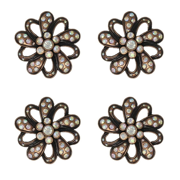 Set of (4) 1-1/2" Screw Back Conchos Antique Copper Floral Concho w/ Rhinestone CO439
