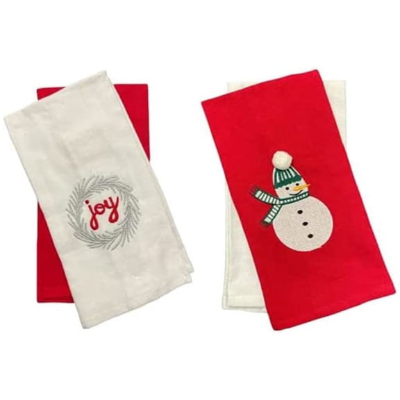 Set of 4, 100% Cotton Joy and Snowman Design Holiday Christmas Kitchen Towels Red and White, Soft and Absorbent. Size: 15 x 25.