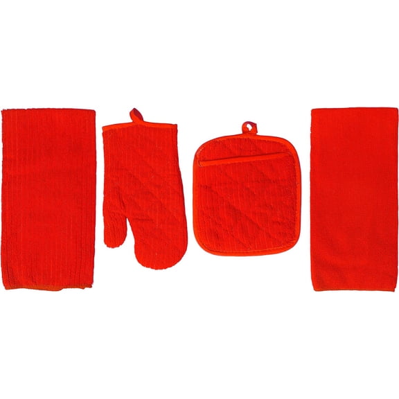 Set of 4, 100% Polyester 1 Kitchen Towel, 1 Dishcloth, 1 Potholder, 1 Oven mitt Kitchen Linen Set for Kitchen Décor for Cooking, Baking, Barbecue.
