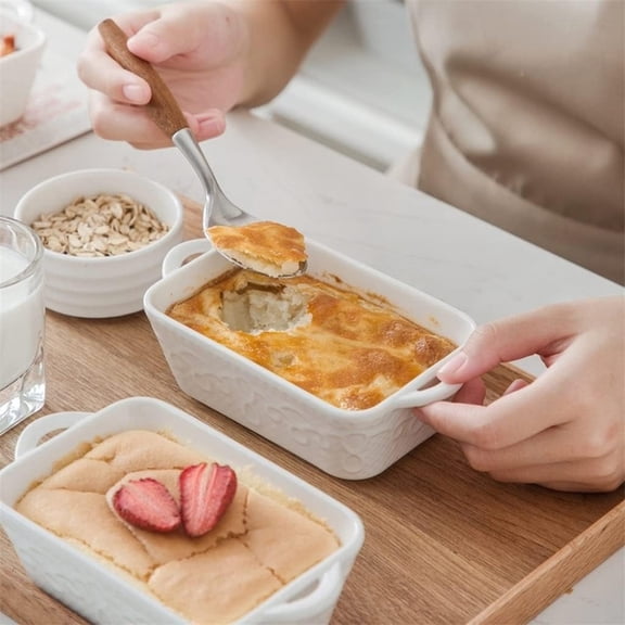 Set of 4 10oz Ramekins Oven Safe Ceramic White Souffle Dishes Bowls Rectangular Vine Pattern Baking Dish Creme Brulee Ra