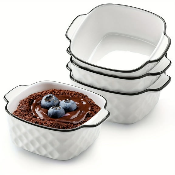 Set of 4 13Oz Ceramic Baking Dishes - 5.7x4.5x2.2 Inch Diamond Pattern, 400ml Air Fryer & Oven/Microwave Safe with Handles