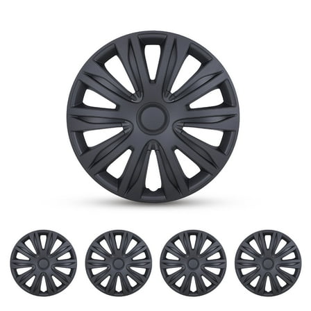 (Set of 4) 15" Universal Hubcaps Wheel Covers,Snap on Installation,Fit R15 Tire & Steel Rim,ABS+PC,Black Matte