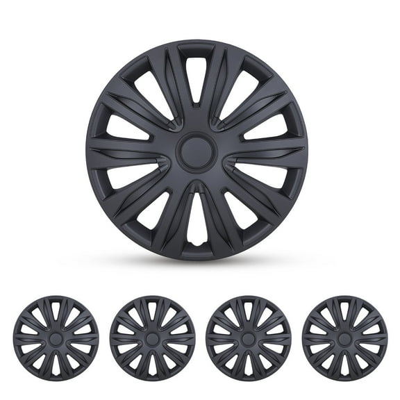 (Set of 4) 15" Universal Hubcaps Wheel Covers,Snap on Installation,Fit R15 Tire & Steel Rim,ABS+PC,Black Matte