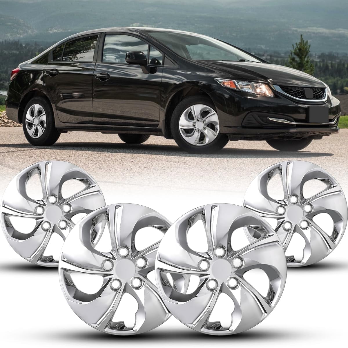 15" Hubcaps for 2013-2015 Honda Civic Sedan,2013 Honda Civic Coupe,Wheel Rim Covers,Heavy Duty ABS+PC Material (Set of 4,Chrome)