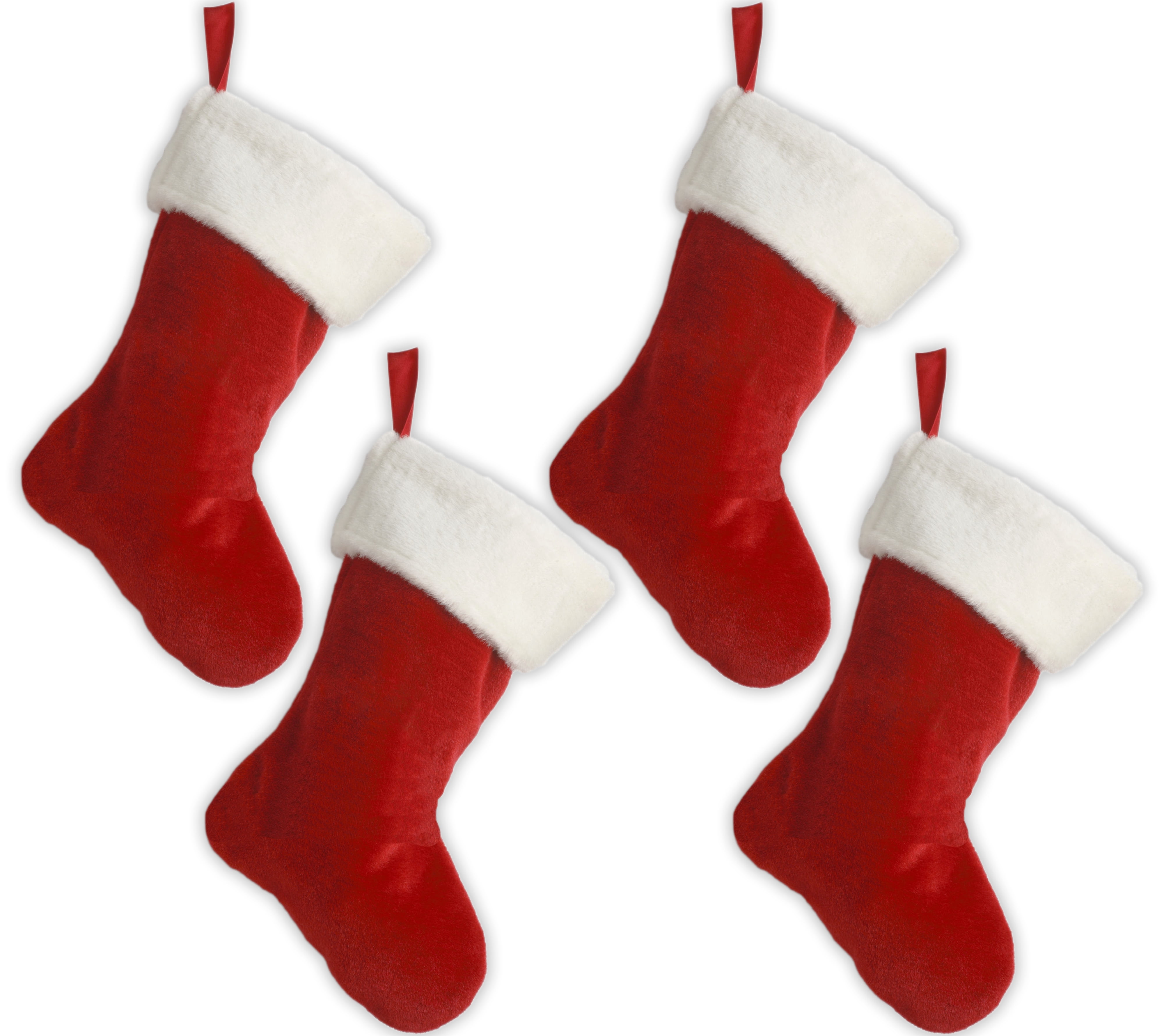 Set of 4 Red Velvet Christmas Stockings with White Plush Cuff