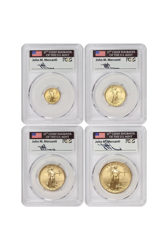 Set of 4 1986 Gold Eagles PCGS MS70 Mercanti Label U.S. Mint Coins