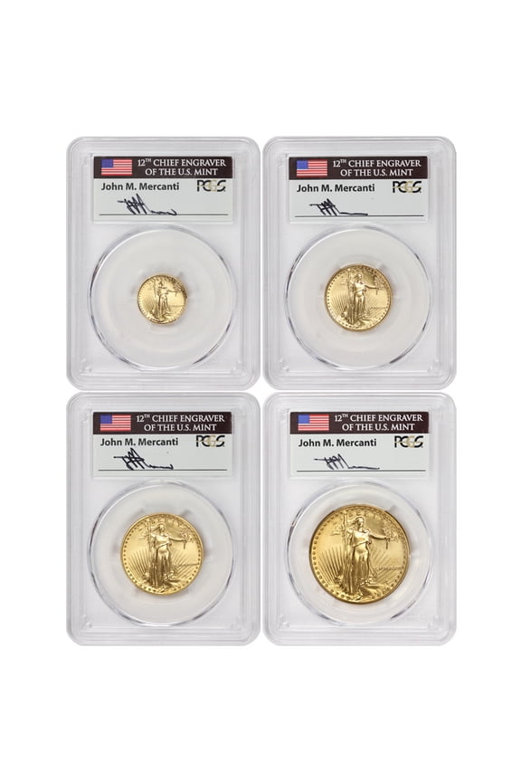 Set of 4 1987 Gold Eagles PCGS MS70 Mercanti Label U.S. Mint Coins