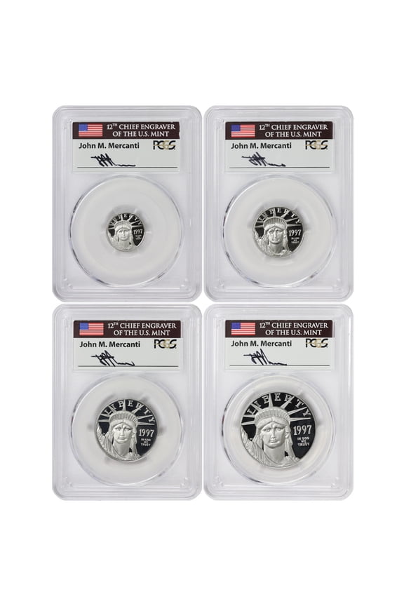 Set of 4 1997-W Platinum Eagles PCGS PR70 Deep Cameo Struck at West Point Mercanti Label U.S. Mint Coins