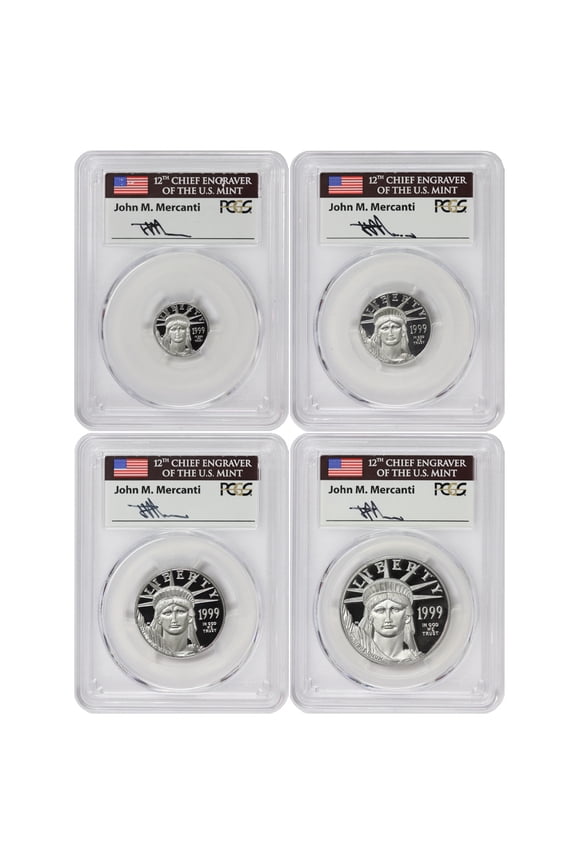 Set of 4 1999-W Platinum Eagles PCGS PR70 Deep Cameo Struck at West Point Mercanti Label U.S. Mint Coins