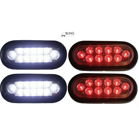 Set of 4: 2 Red + 2 White 6" Oval Oblong LED Lights Fog Back-up Reverse Brake Tail Truck RV