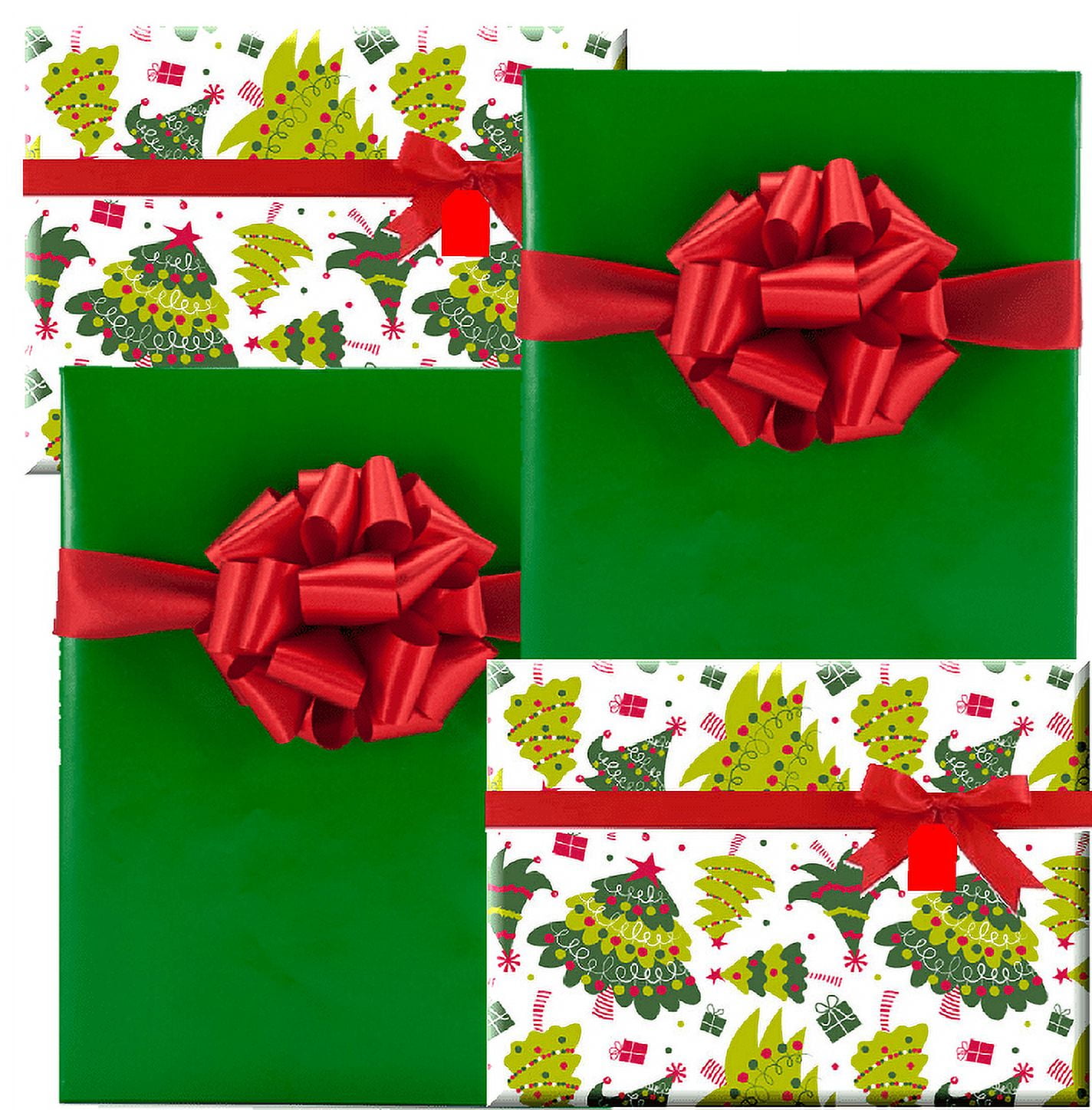 Toptime Christmas Wrapping Paper, 6 Sheets Green Gift Wrapping Paper Set w/Gift Tags, Gift Ribbon and Stickers, Green Christmas Gift Wrap W