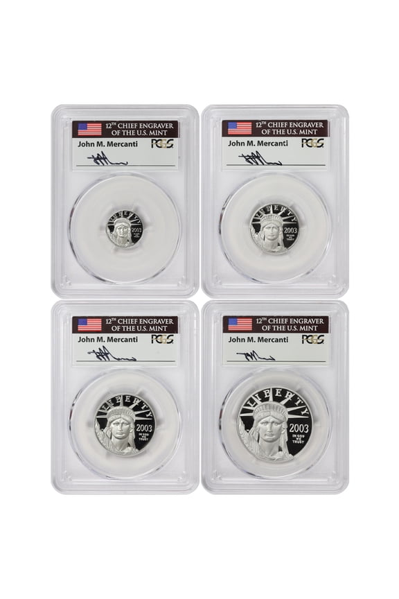 Set of 4 2003-W Platinum Eagles PCGS PR70 Deep Cameo Struck at West Point Mercanti Label U.S. Mint Coins