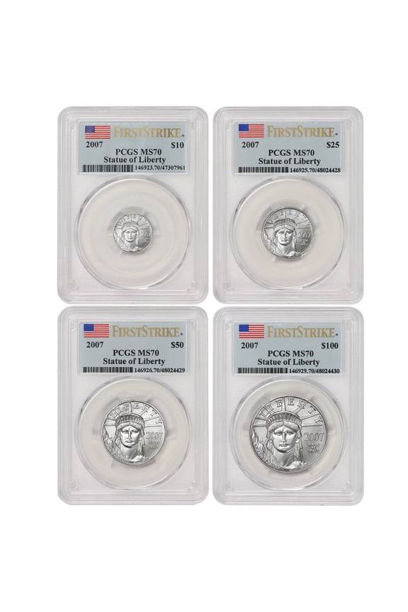 Set of 4 2007 Platinum Eagle PCGS MS70 First Strike Flag Label U.S. Mint Coin