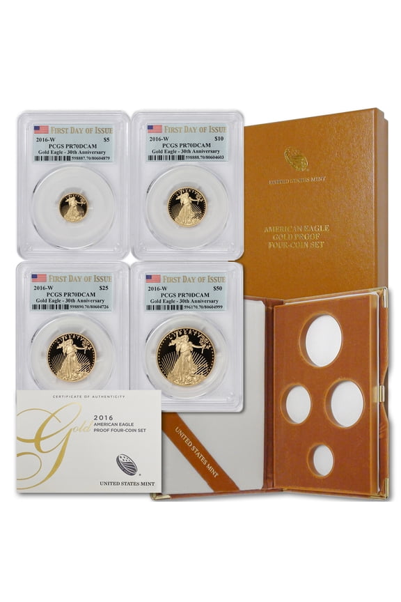 Set of 4 2016-W American Gold Eagle Proof Coins PCGS PR70DCAM First Day of Issue w/ Box and CoA U.S. Mint