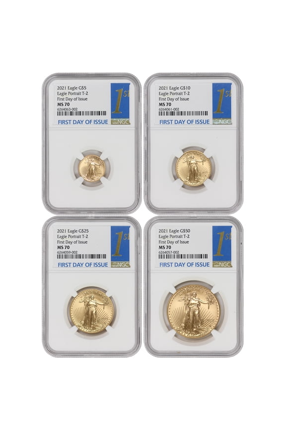 Set of 4 2021 Gold Eagle T2 NGC MS70 First Day of Issue 1st Label U.S. Mint Coin