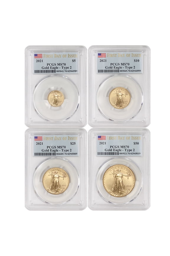 Set of 4 2021 Gold Eagle T2 PCGS MS70 First Day of Issue Flag Label U.S. Mint Coin