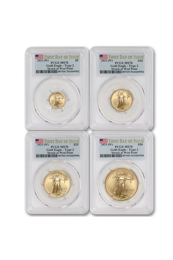 Set of 4 2021-(W) Gold Eagle T2 PCGS MS70 First Day of Issue Flag Label U.S. Mint Coin
