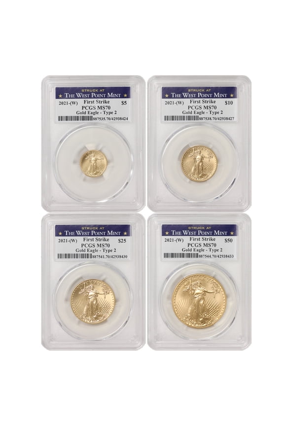 Set of 4 2021-(W) Gold Eagle T2 PCGS MS70 First Strike West Point Label U.S. Mint Coin