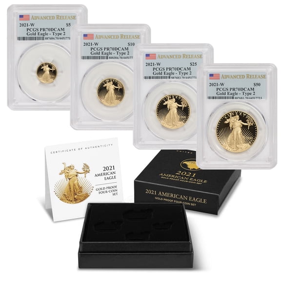 Set of 4 2021-W Gold Eagle T2 PCGS PR70 Deep Cameo Advanced Release Flag Label with Original Government Packaging