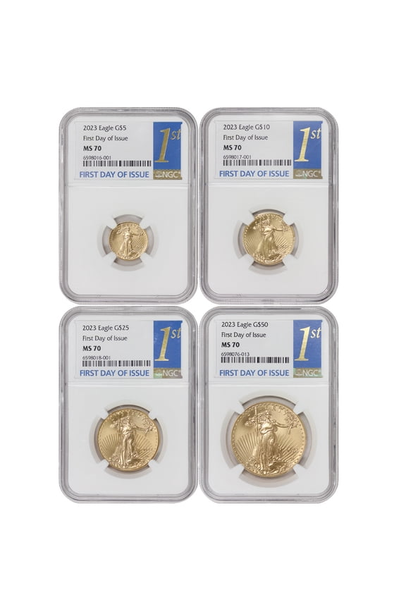Set of 4 2023 Gold Eagle NGC MS70 First Day of Issue 1st Label U.S. Mint Coin