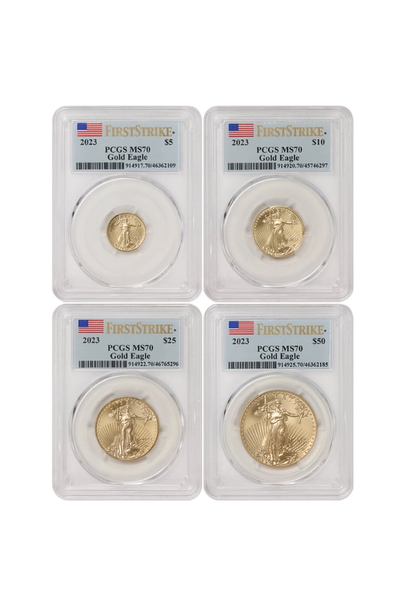 Set of 4 2023 Gold Eagle PCGS MS70 First Strike Flag Label U.S. Mint Coin
